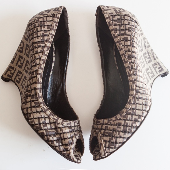SOLD! FENDI Zucca Peep-Toe Wedges - Picture 2 of 8